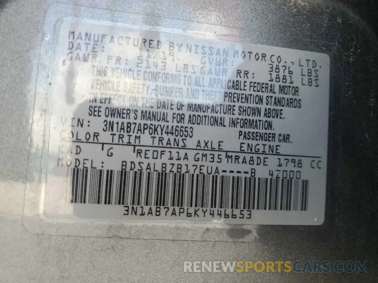 12 fotografías del automóvil dañado 3N1AB7AP6KY446653 NISSAN SENTRA 2019