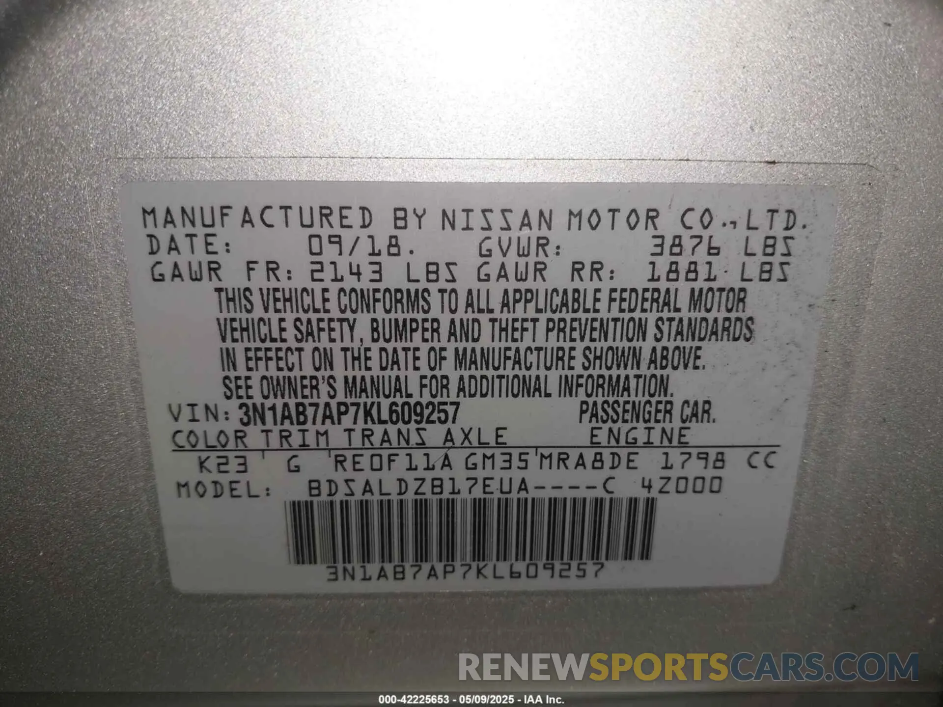 9 fotografías del automóvil dañado 3N1AB7AP7KL609257 NISSAN SENTRA 2019