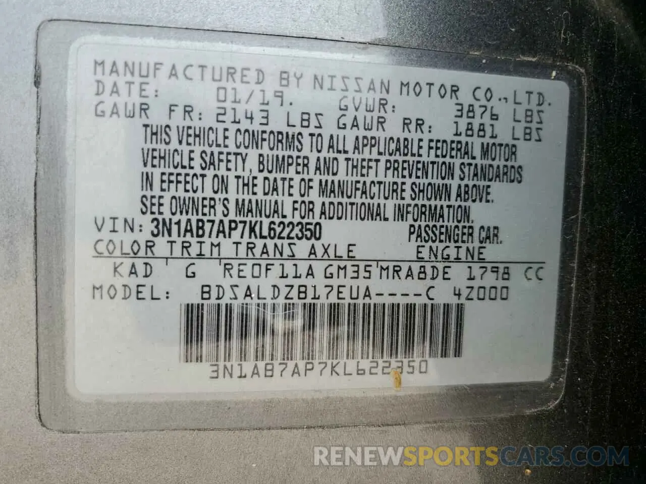 12 fotografías del automóvil dañado 3N1AB7AP7KL622350 NISSAN SENTRA 2019