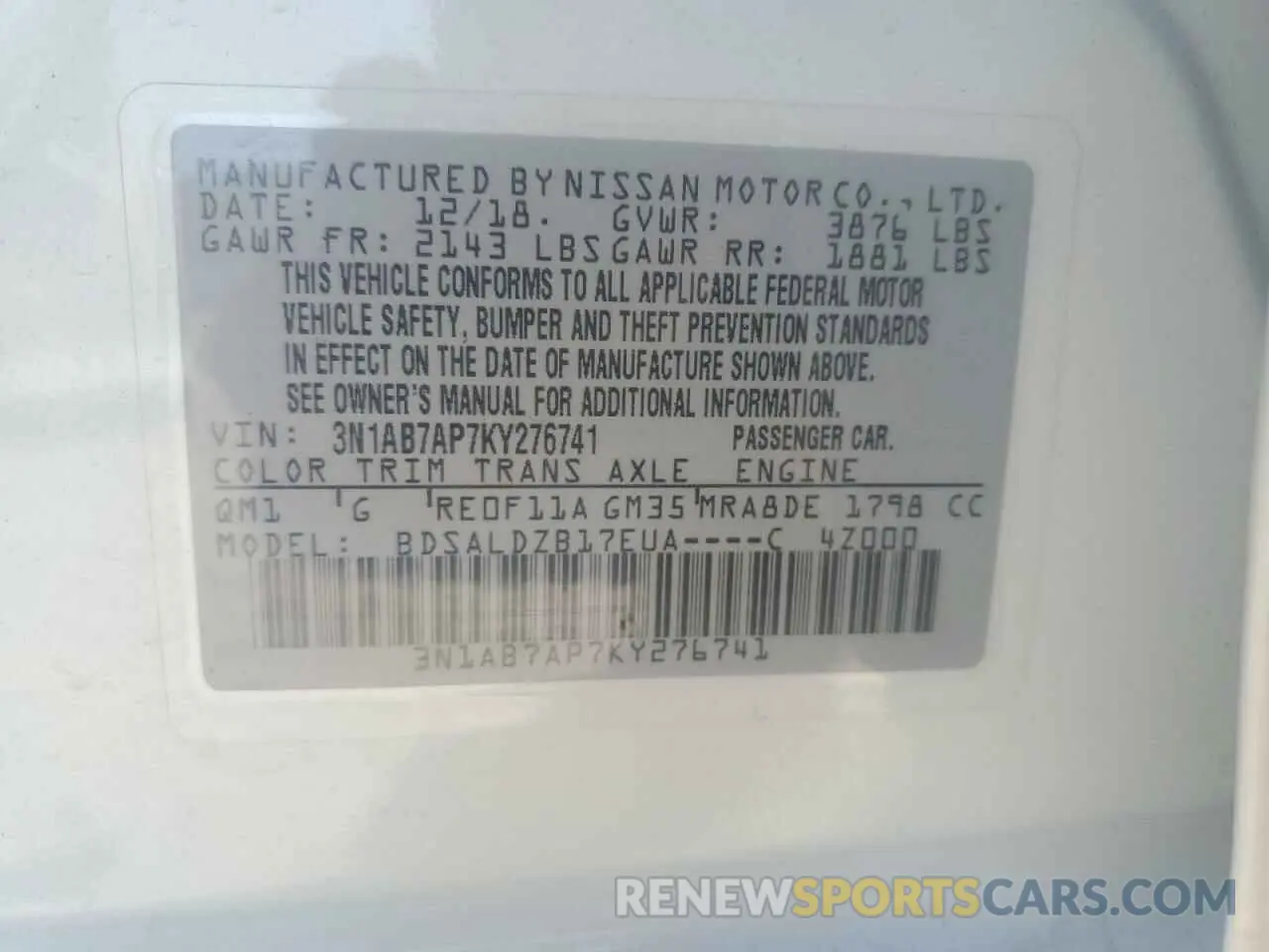 12 fotografías del automóvil dañado 3N1AB7AP7KY276741 NISSAN SENTRA 2019