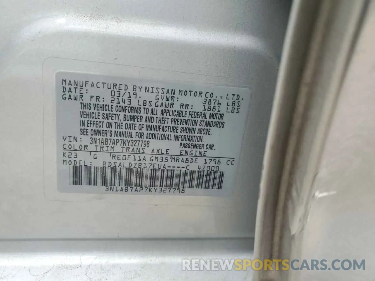 13 fotografías del automóvil dañado 3N1AB7AP7KY327798 NISSAN SENTRA 2019