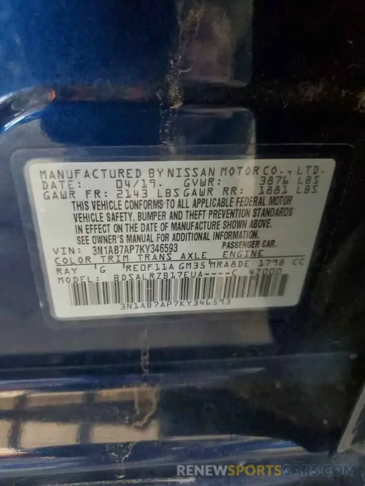 12 fotografías del automóvil dañado 3N1AB7AP7KY346593 NISSAN SENTRA 2019