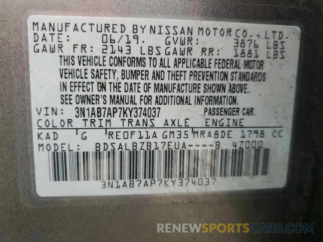 12 fotografías del automóvil dañado 3N1AB7AP7KY374037 NISSAN SENTRA 2019
