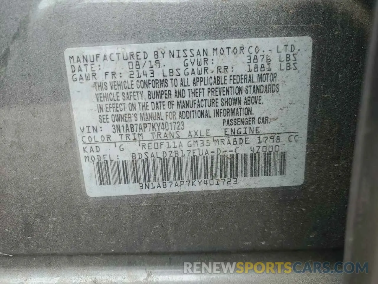 13 fotografías del automóvil dañado 3N1AB7AP7KY401723 NISSAN SENTRA 2019