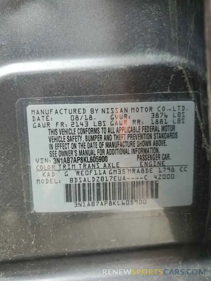 12 fotografías del automóvil dañado 3N1AB7AP8KL605900 NISSAN SENTRA 2019