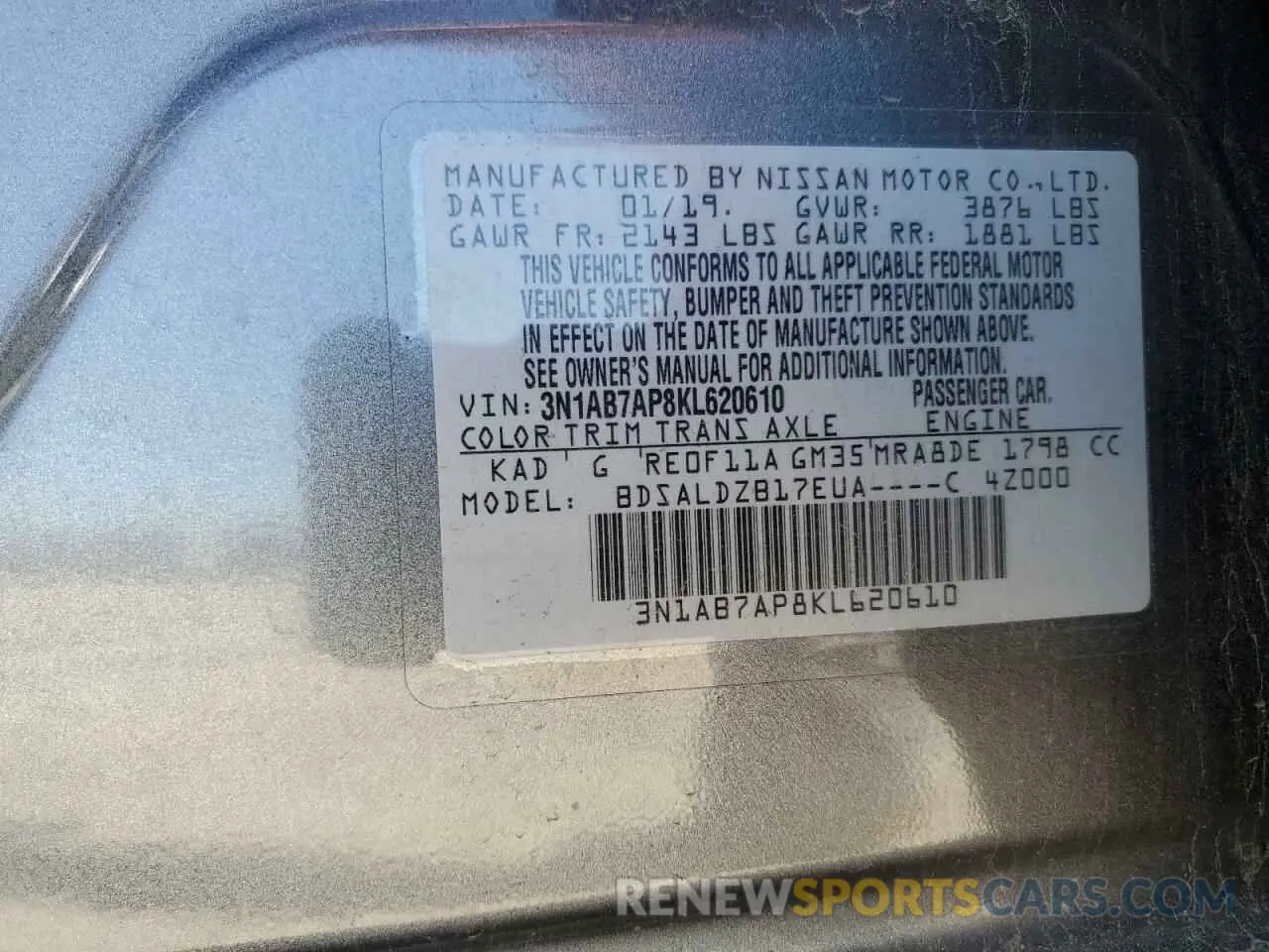 15 fotografías del automóvil dañado 3N1AB7AP8KL620610 NISSAN SENTRA 2019