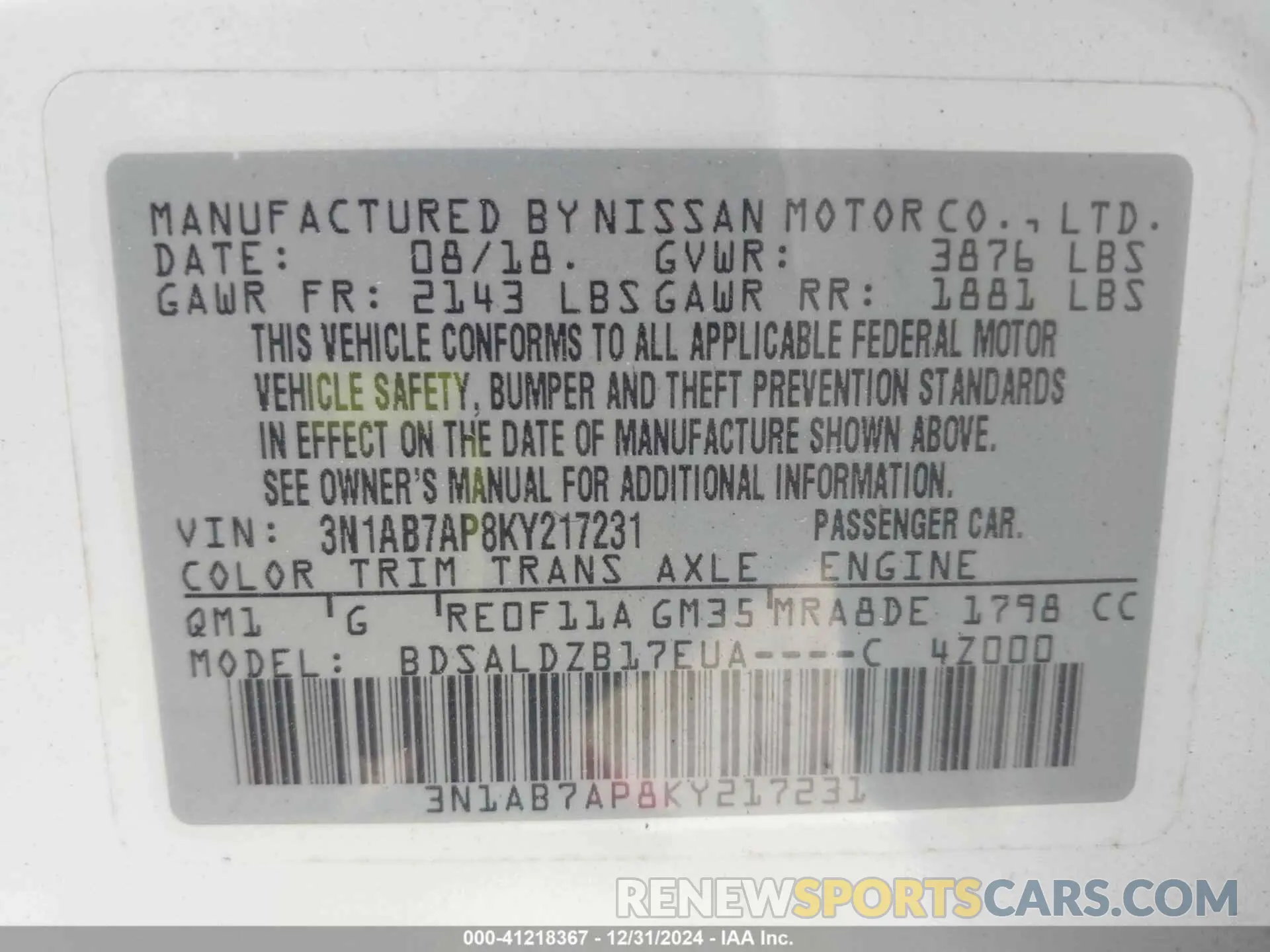 9 fotografías del automóvil dañado 3N1AB7AP8KY217231 NISSAN SENTRA 2019
