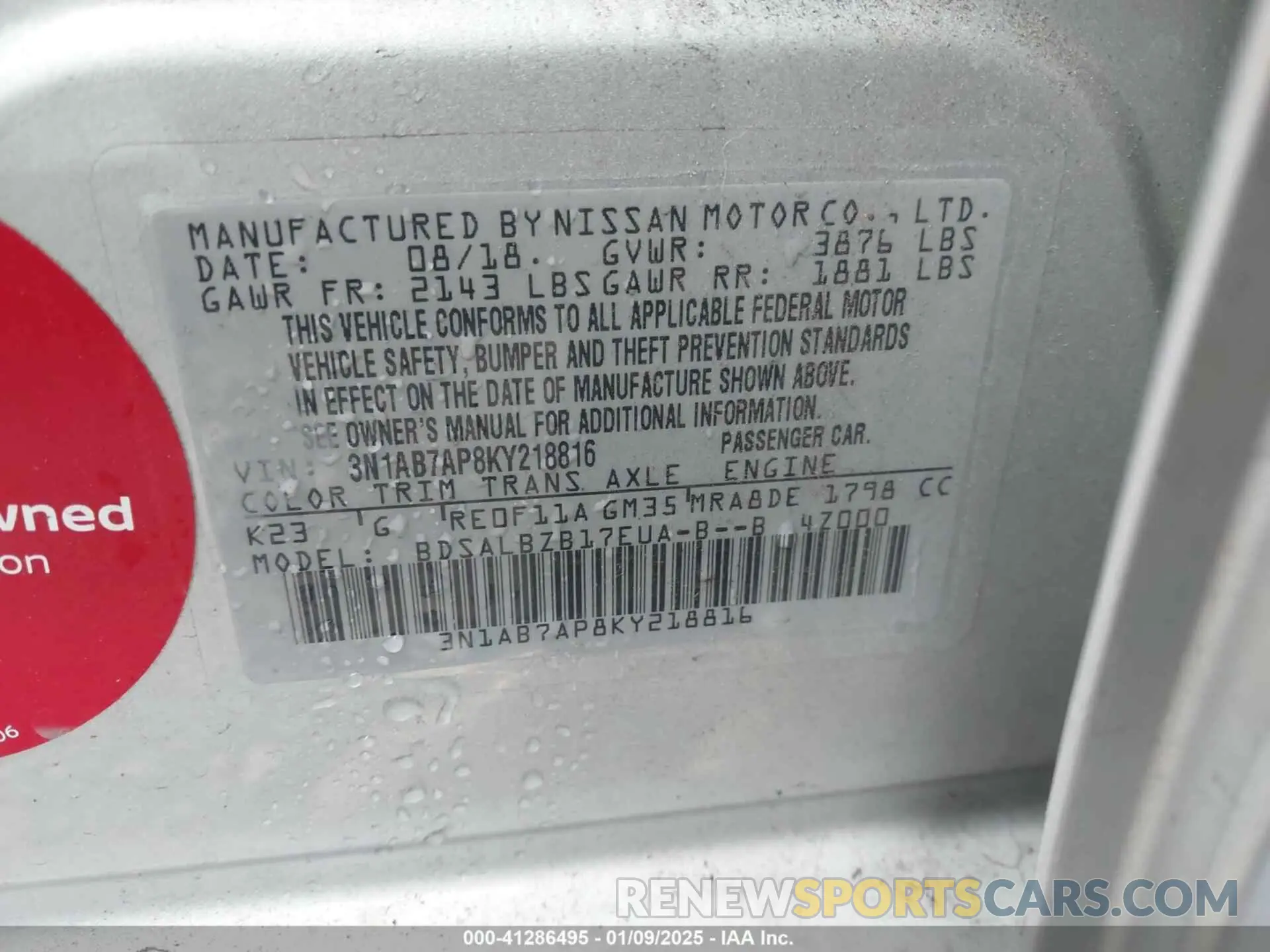 9 fotografías del automóvil dañado 3N1AB7AP8KY218816 NISSAN SENTRA 2019