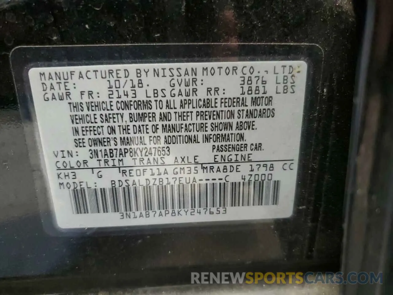 15 fotografías del automóvil dañado 3N1AB7AP8KY247653 NISSAN SENTRA 2019