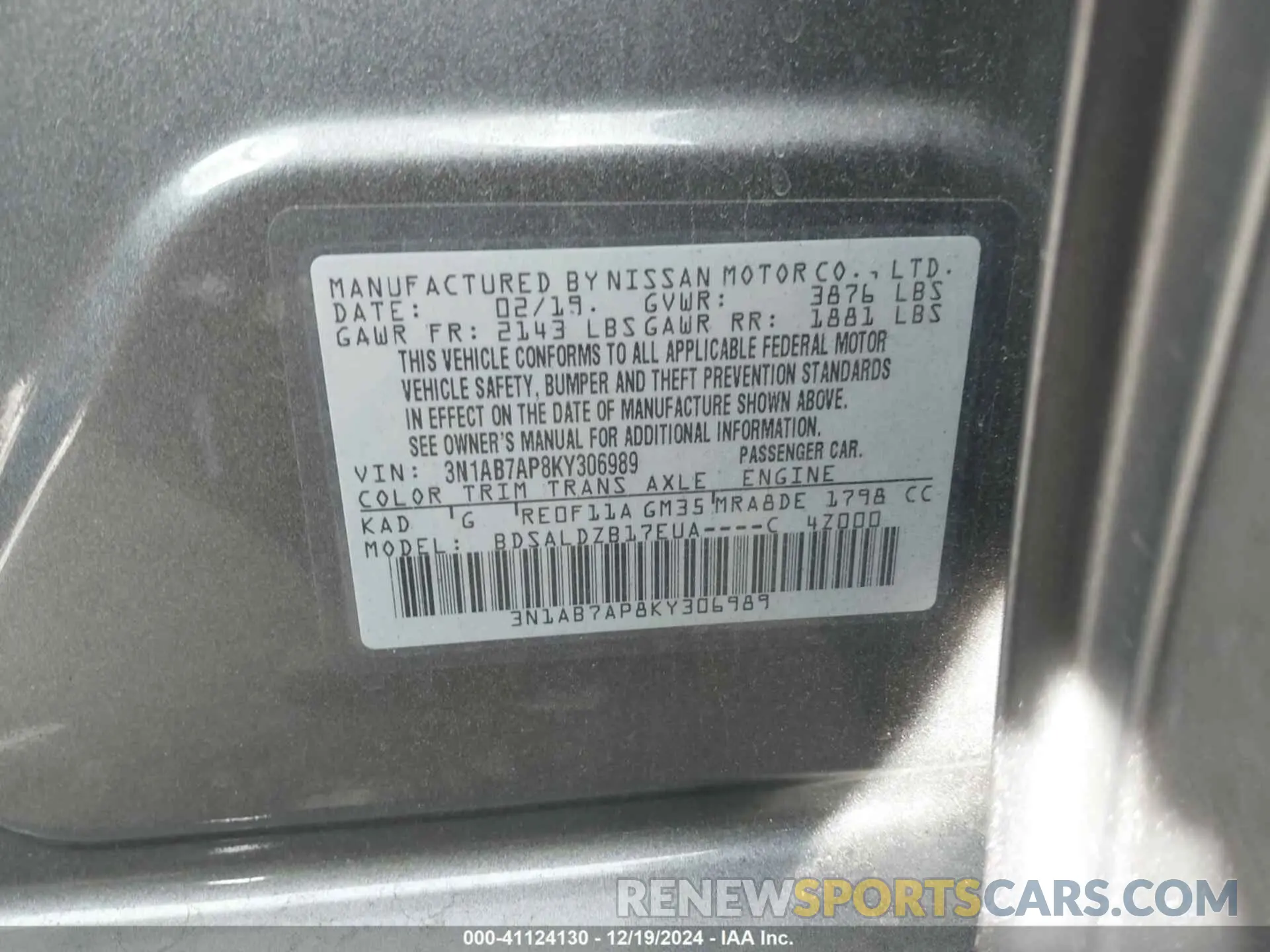 9 fotografías del automóvil dañado 3N1AB7AP8KY306989 NISSAN SENTRA 2019