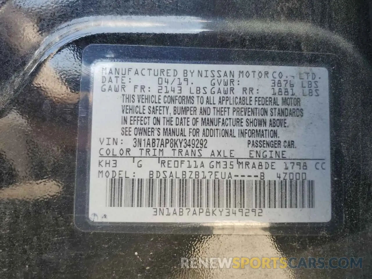 12 fotografías del automóvil dañado 3N1AB7AP8KY349292 NISSAN SENTRA 2019