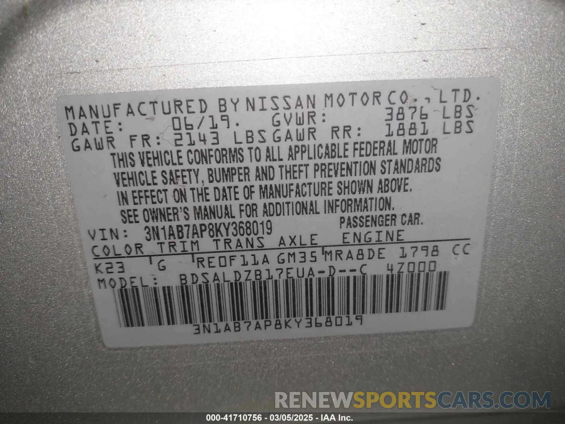 9 fotografías del automóvil dañado 3N1AB7AP8KY368019 NISSAN SENTRA 2019