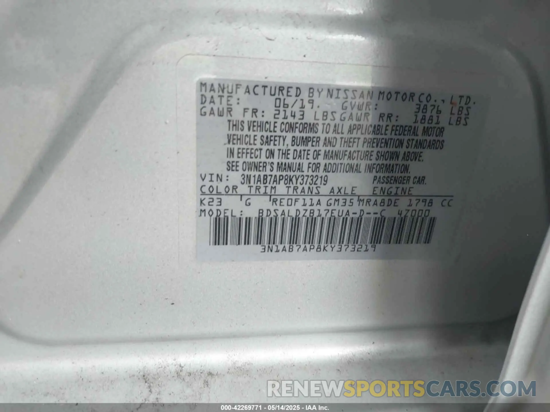 9 fotografías del automóvil dañado 3N1AB7AP8KY373219 NISSAN SENTRA 2019