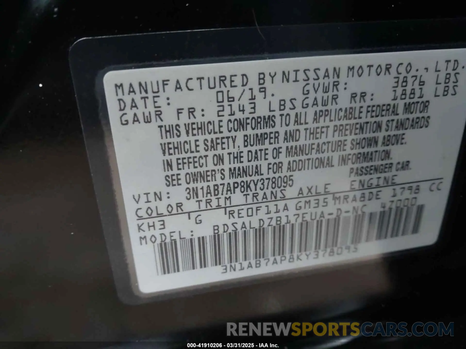 9 fotografías del automóvil dañado 3N1AB7AP8KY378095 NISSAN SENTRA 2019
