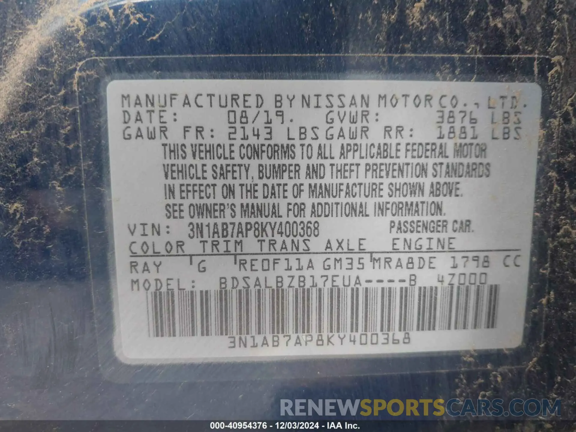 9 fotografías del automóvil dañado 3N1AB7AP8KY400368 NISSAN SENTRA 2019