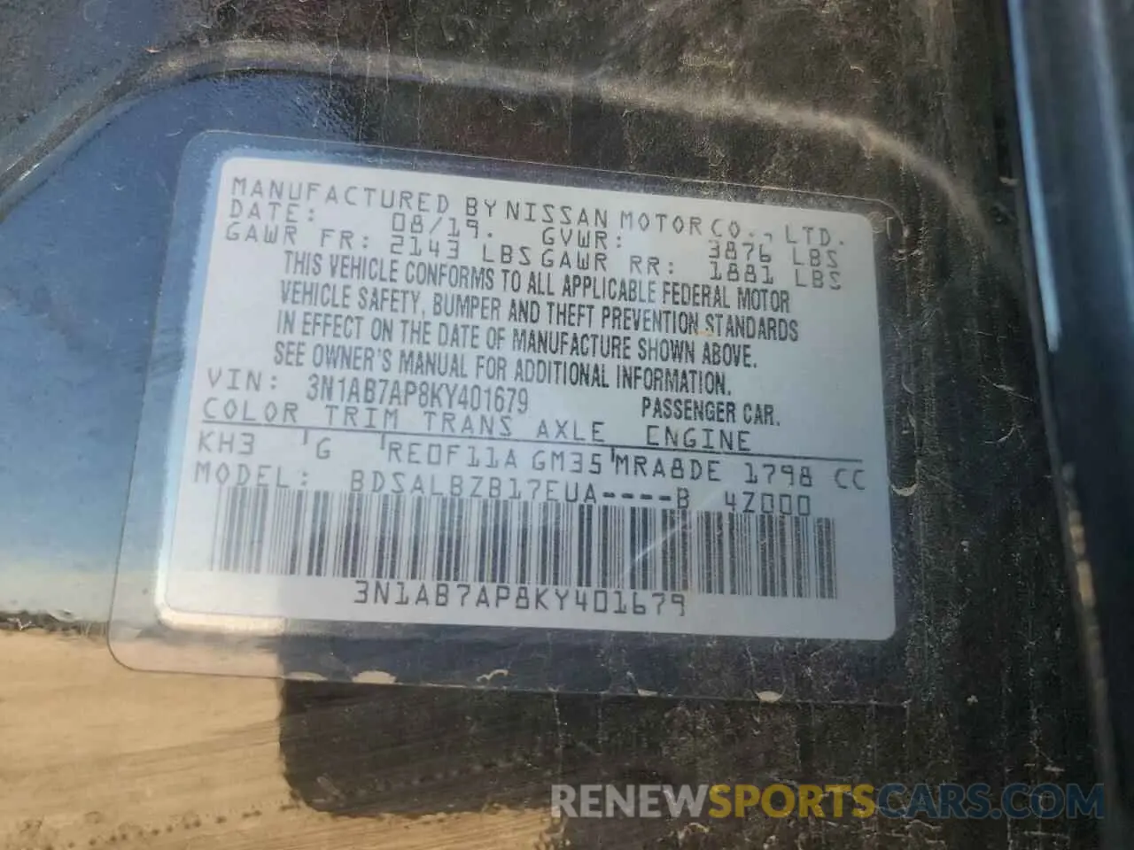 12 fotografías del automóvil dañado 3N1AB7AP8KY401679 NISSAN SENTRA 2019