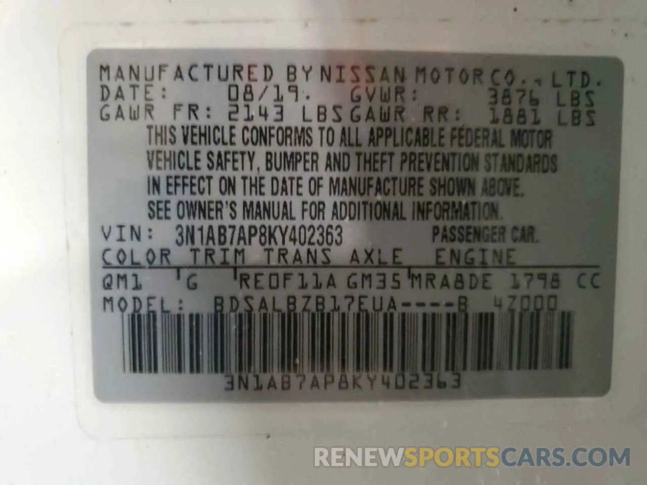 13 fotografías del automóvil dañado 3N1AB7AP8KY402363 NISSAN SENTRA 2019