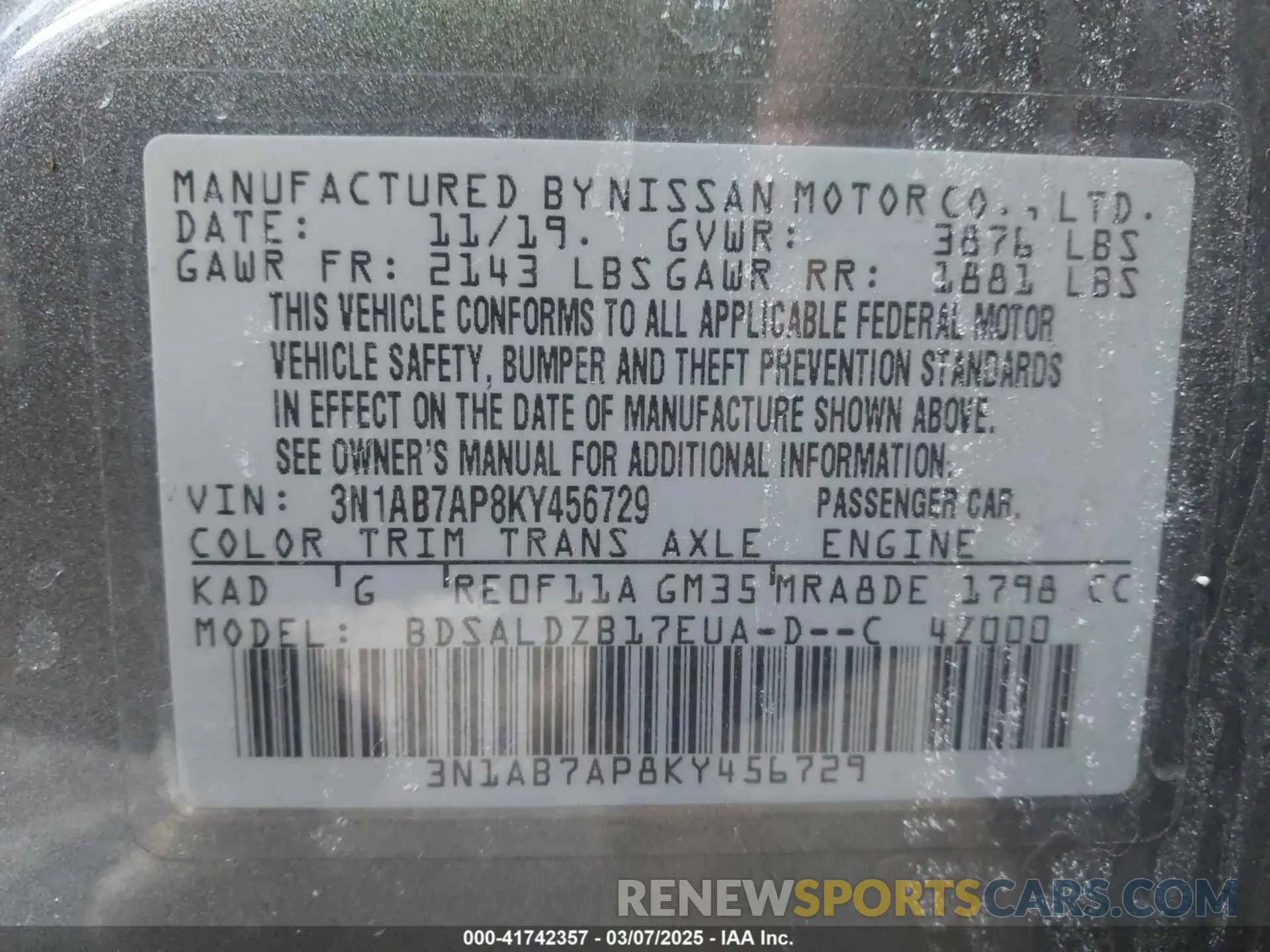 9 fotografías del automóvil dañado 3N1AB7AP8KY456729 NISSAN SENTRA 2019
