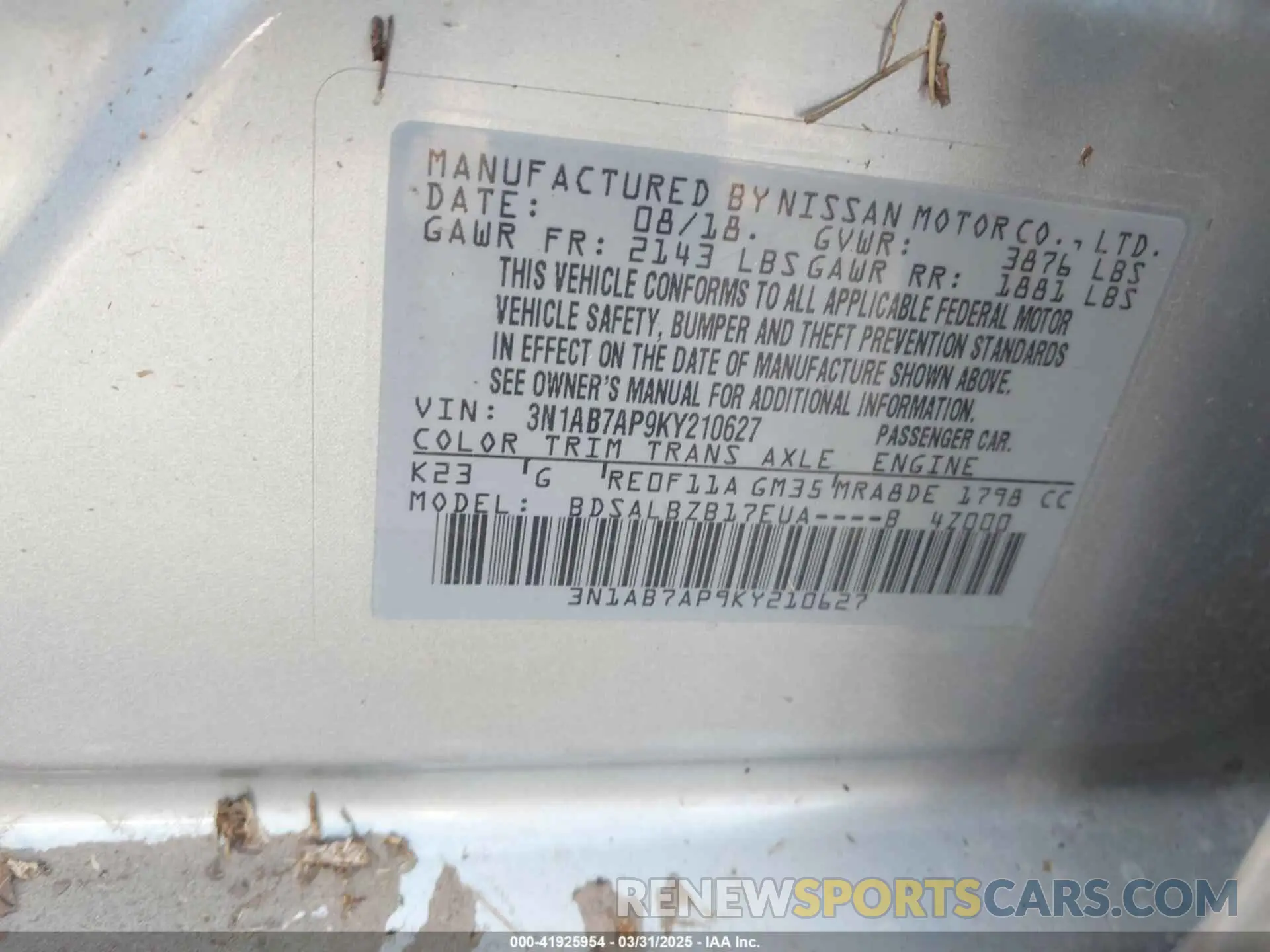 9 fotografías del automóvil dañado 3N1AB7AP9KY210627 NISSAN SENTRA 2019