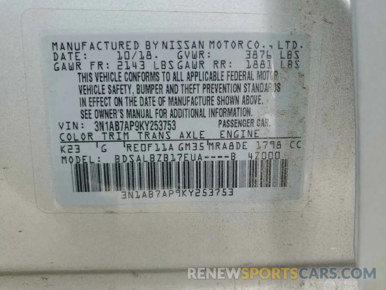 13 fotografías del automóvil dañado 3N1AB7AP9KY253753 NISSAN SENTRA 2019