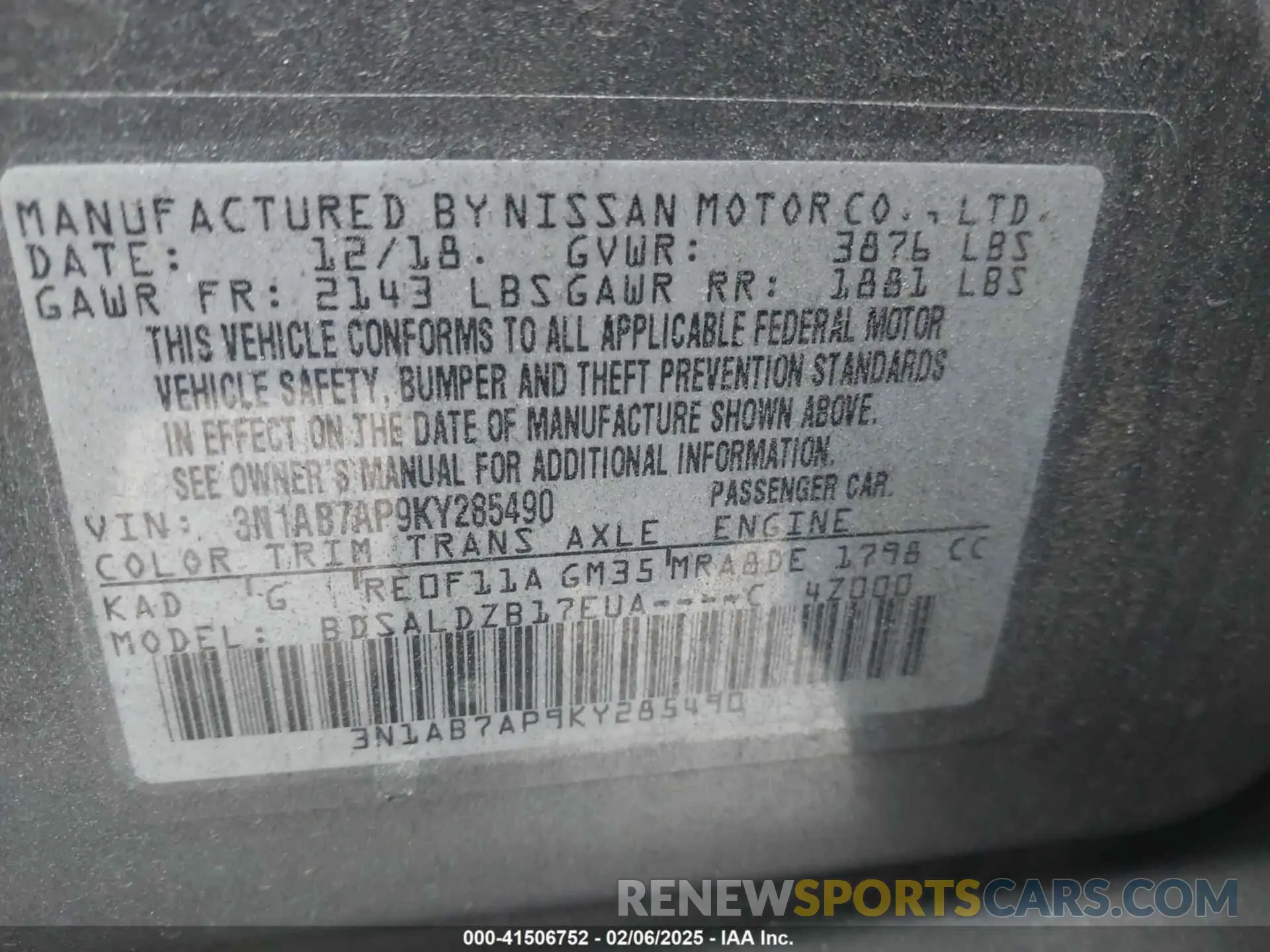 9 fotografías del automóvil dañado 3N1AB7AP9KY285490 NISSAN SENTRA 2019