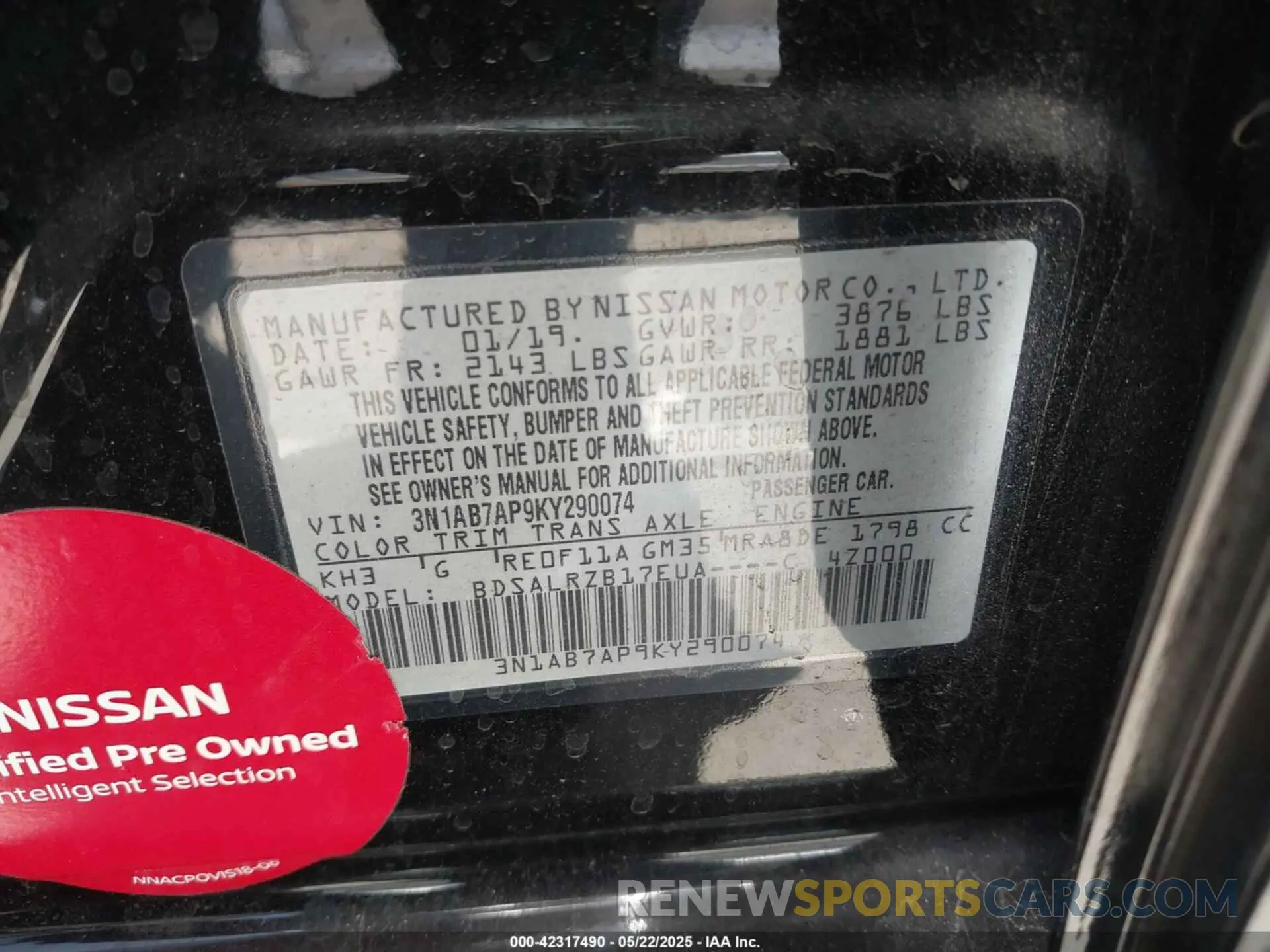 9 fotografías del automóvil dañado 3N1AB7AP9KY290074 NISSAN SENTRA 2019