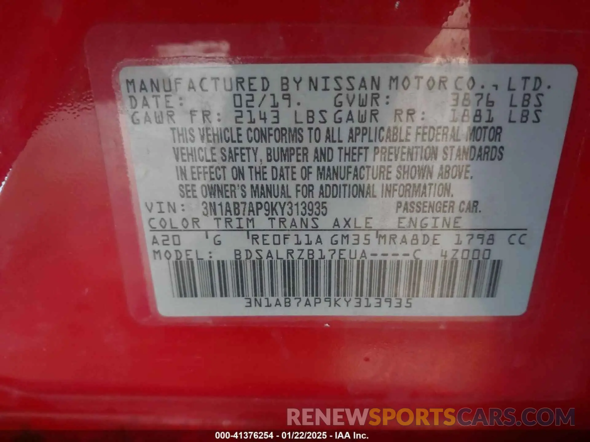 9 fotografías del automóvil dañado 3N1AB7AP9KY313935 NISSAN SENTRA 2019