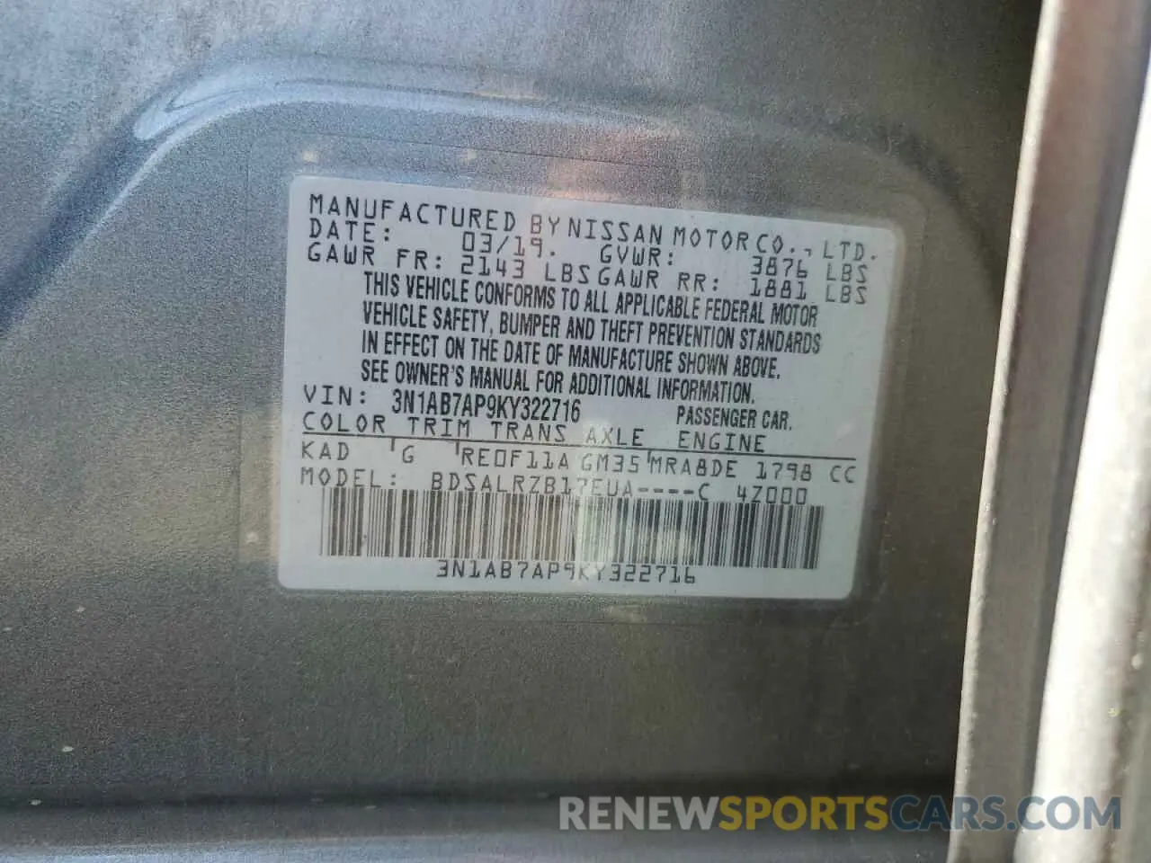 12 fotografías del automóvil dañado 3N1AB7AP9KY322716 NISSAN SENTRA 2019