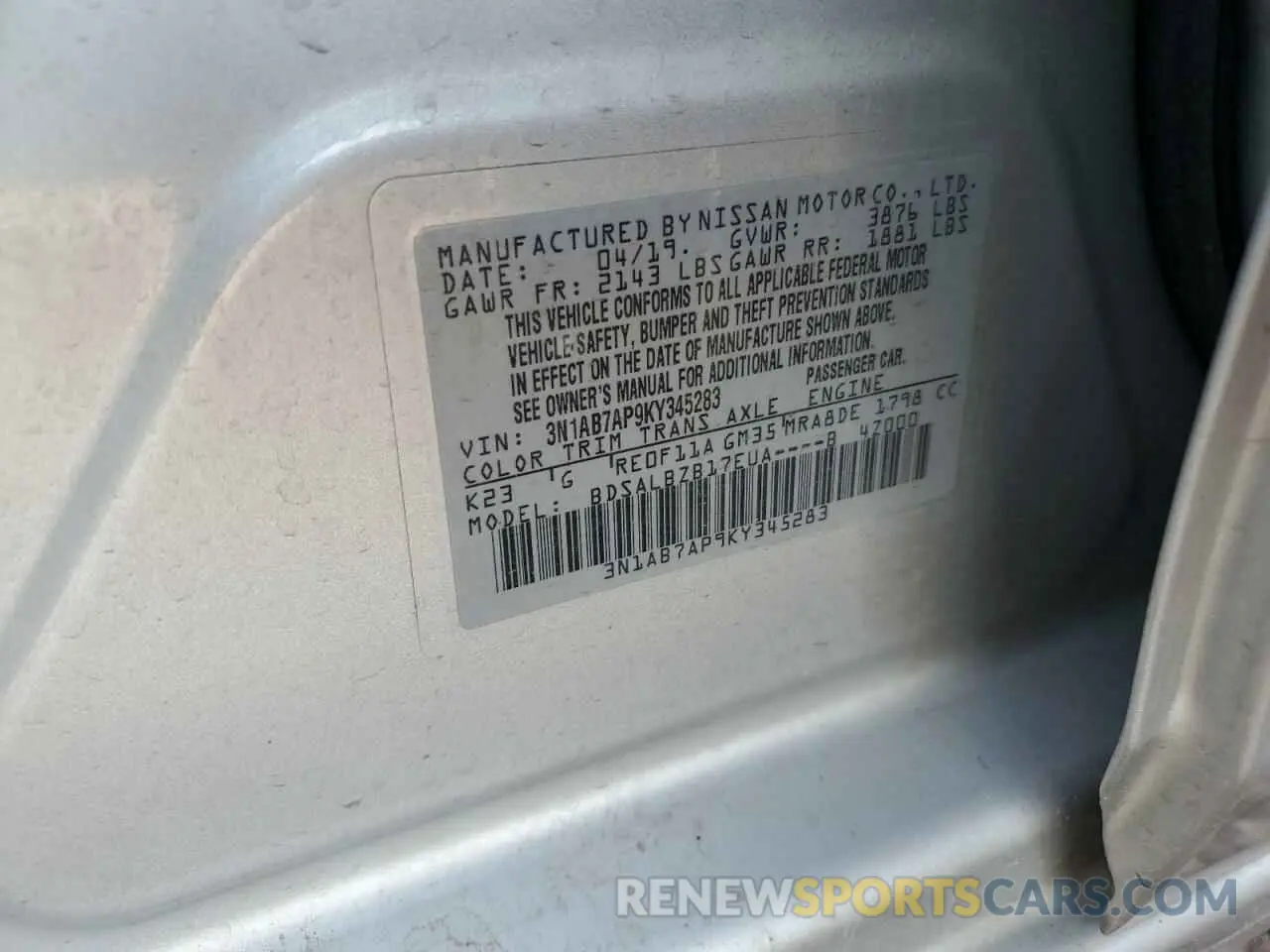 12 fotografías del automóvil dañado 3N1AB7AP9KY345283 NISSAN SENTRA 2019