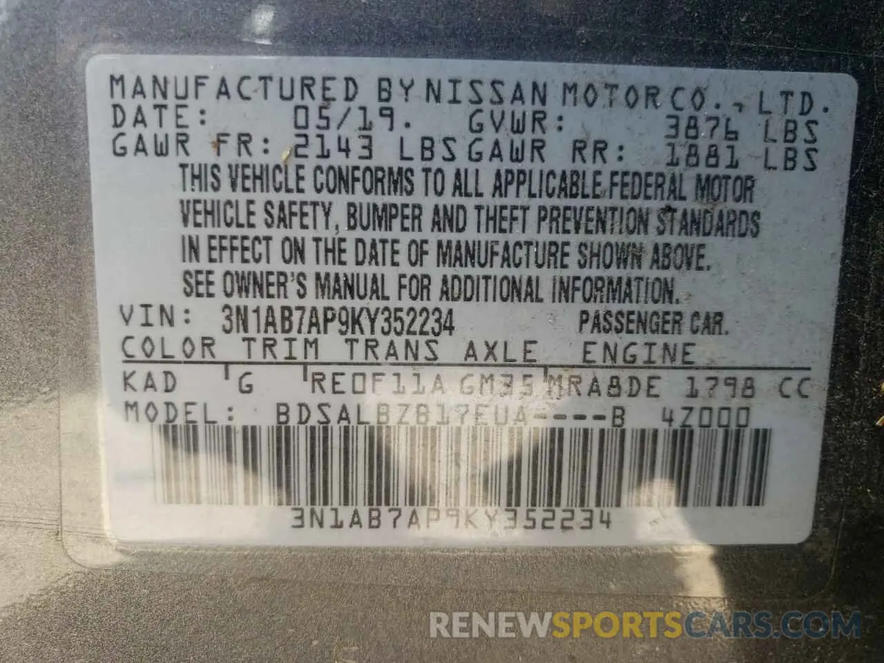 13 fotografías del automóvil dañado 3N1AB7AP9KY352234 NISSAN SENTRA 2019