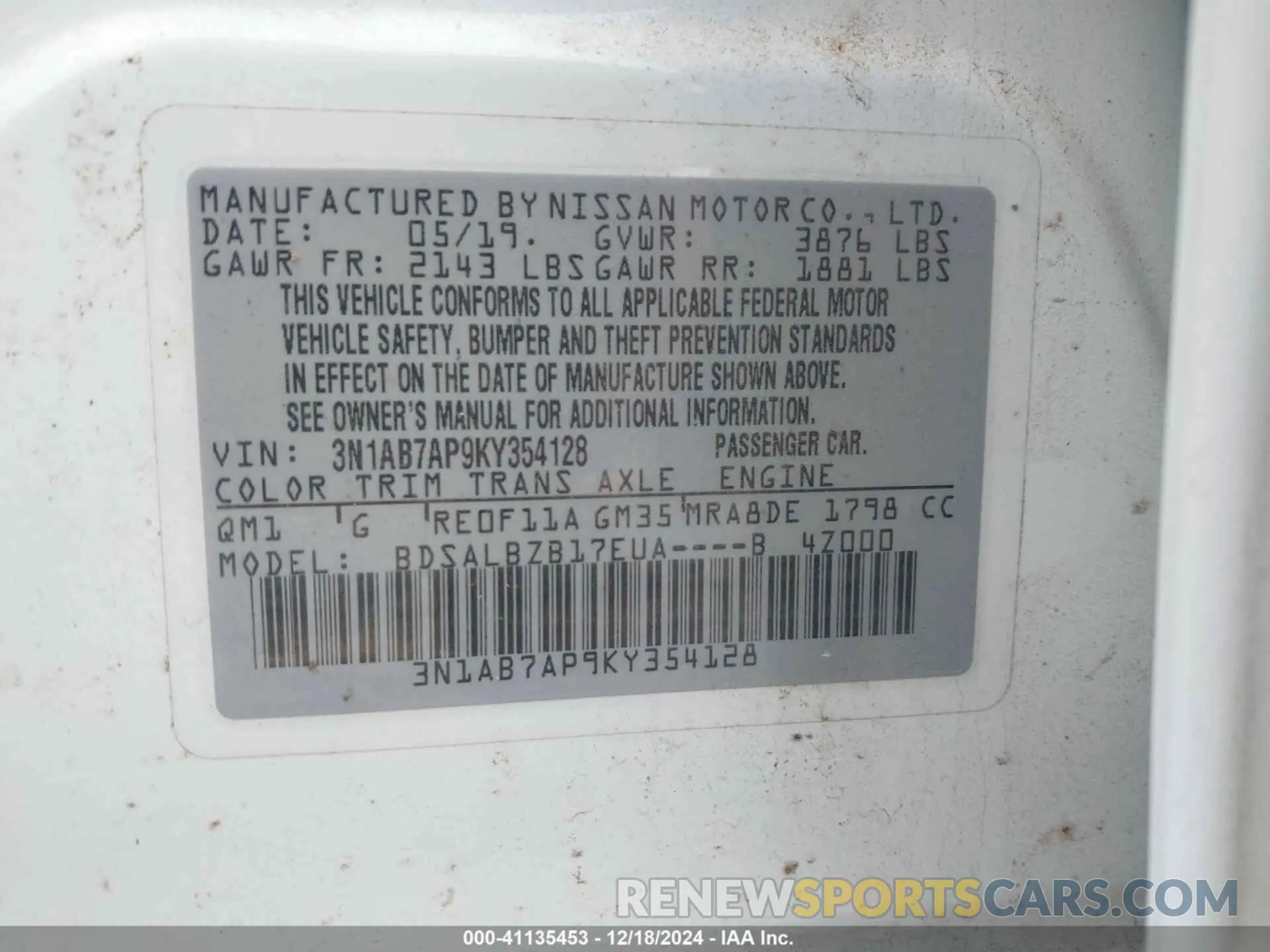 9 fotografías del automóvil dañado 3N1AB7AP9KY354128 NISSAN SENTRA 2019