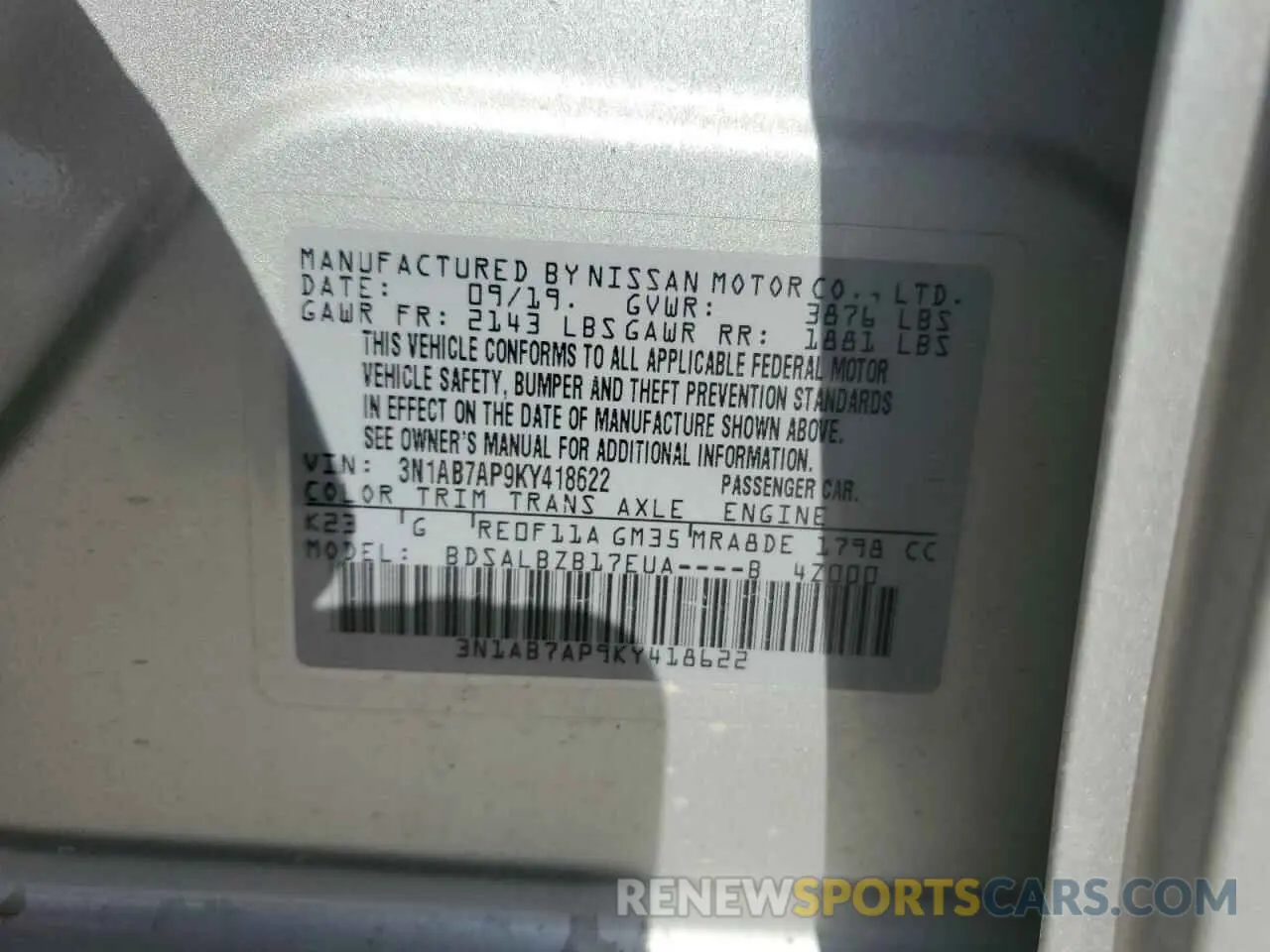 14 fotografías del automóvil dañado 3N1AB7AP9KY418622 NISSAN SENTRA 2019