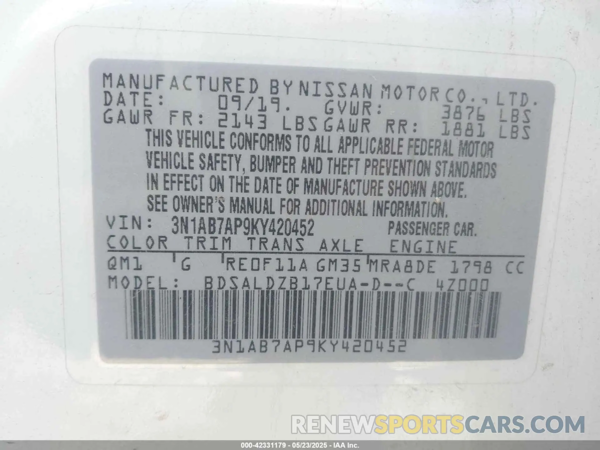 9 fotografías del automóvil dañado 3N1AB7AP9KY420452 NISSAN SENTRA 2019
