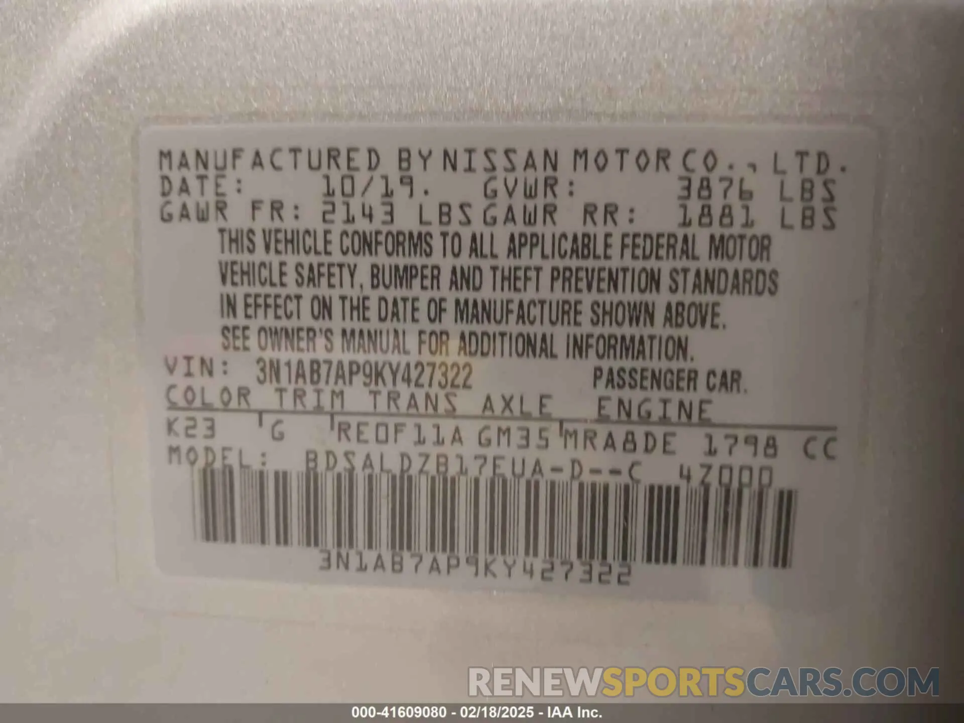 9 fotografías del automóvil dañado 3N1AB7AP9KY427322 NISSAN SENTRA 2019