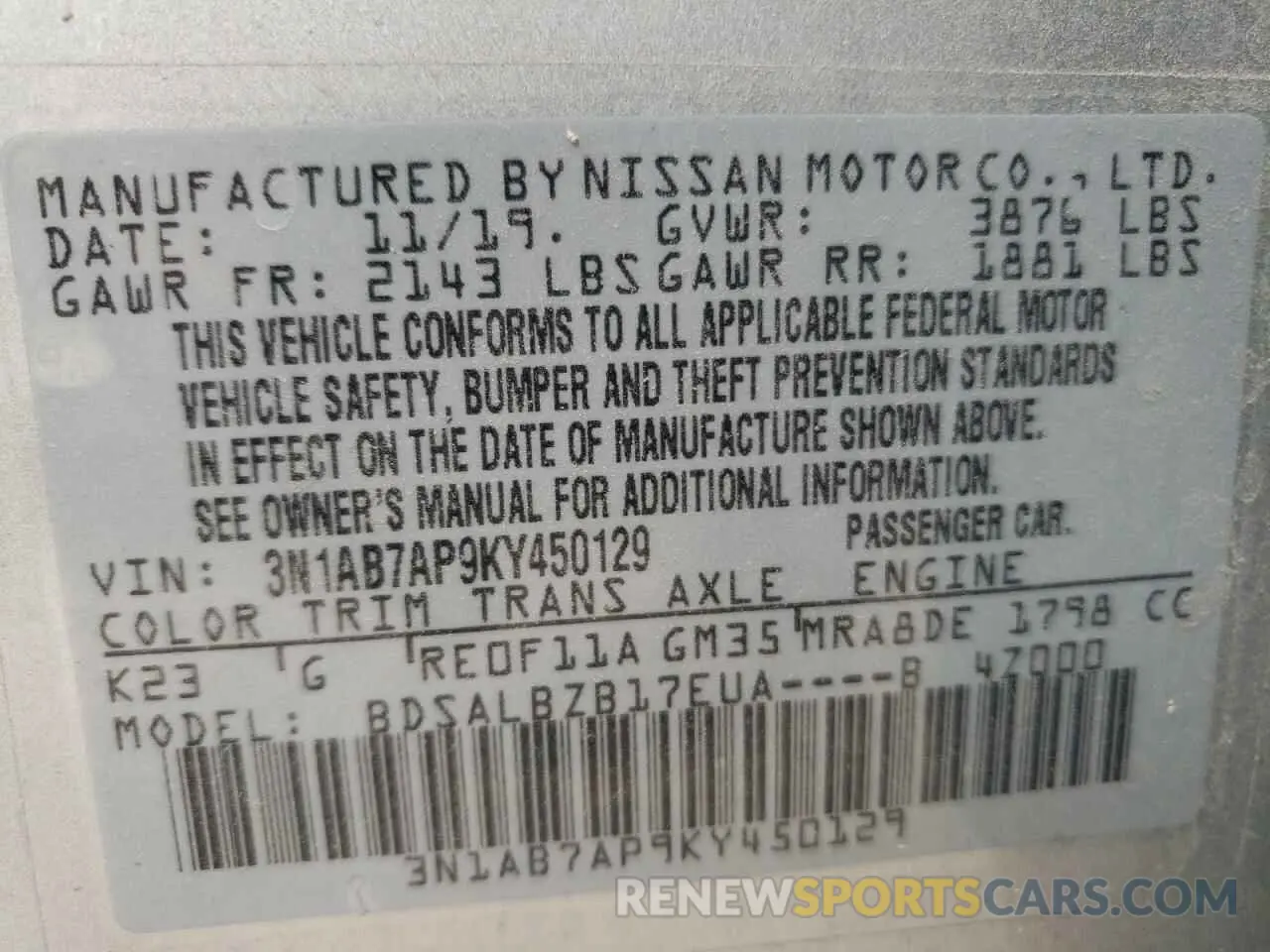 13 fotografías del automóvil dañado 3N1AB7AP9KY450129 NISSAN SENTRA 2019