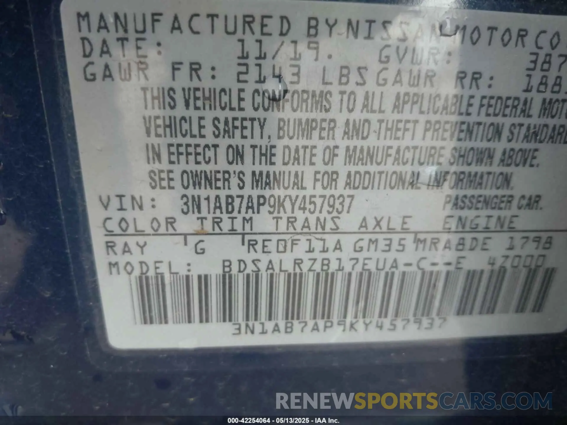 9 fotografías del automóvil dañado 3N1AB7AP9KY457937 NISSAN SENTRA 2019
