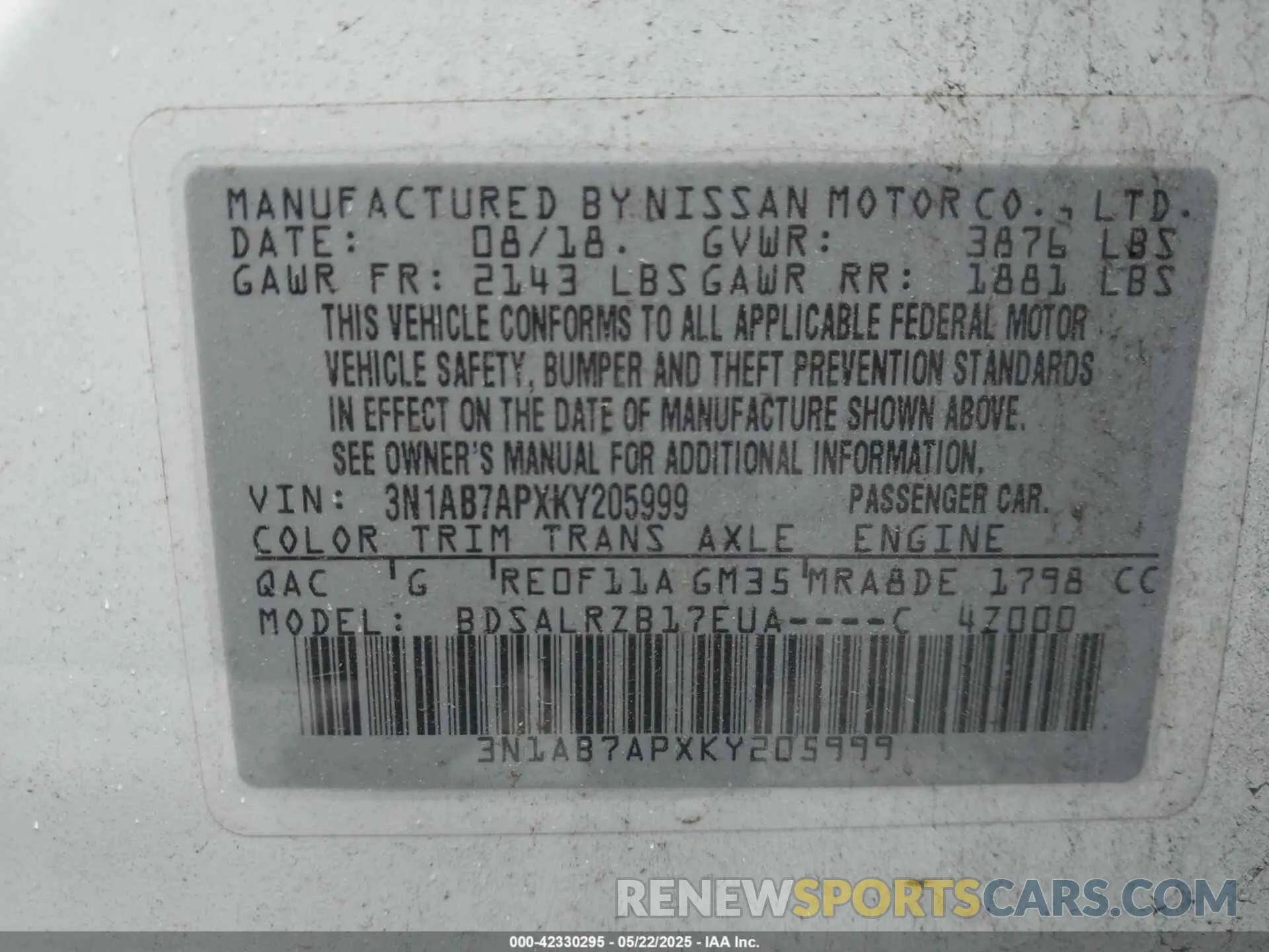 9 fotografías del automóvil dañado 3N1AB7APXKY205999 NISSAN SENTRA 2019