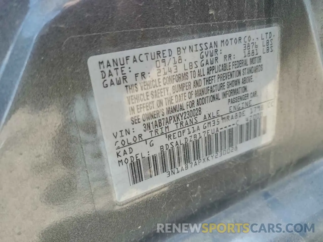 13 fotografías del automóvil dañado 3N1AB7APXKY230028 NISSAN SENTRA 2019