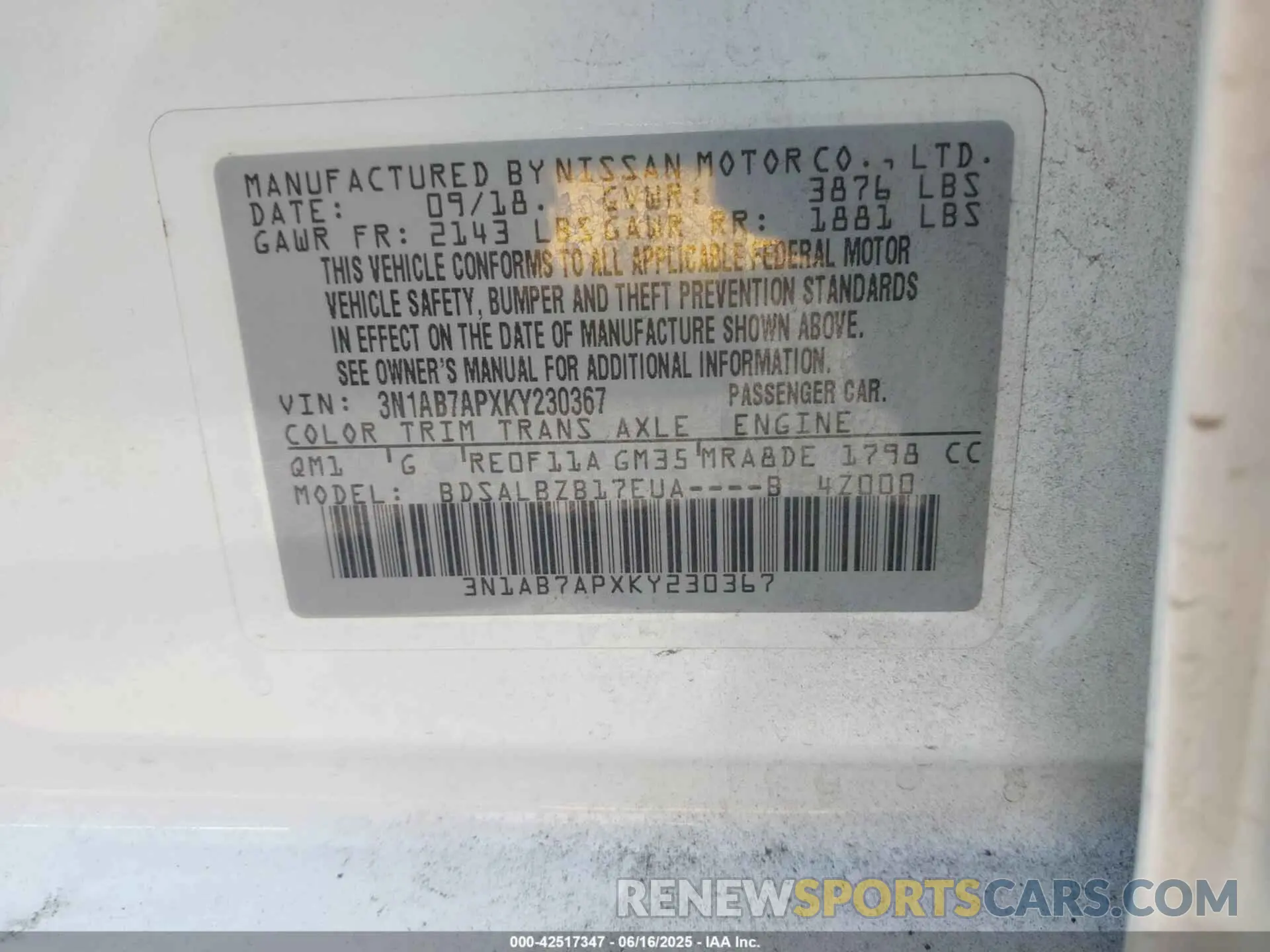 9 fotografías del automóvil dañado 3N1AB7APXKY230367 NISSAN SENTRA 2019