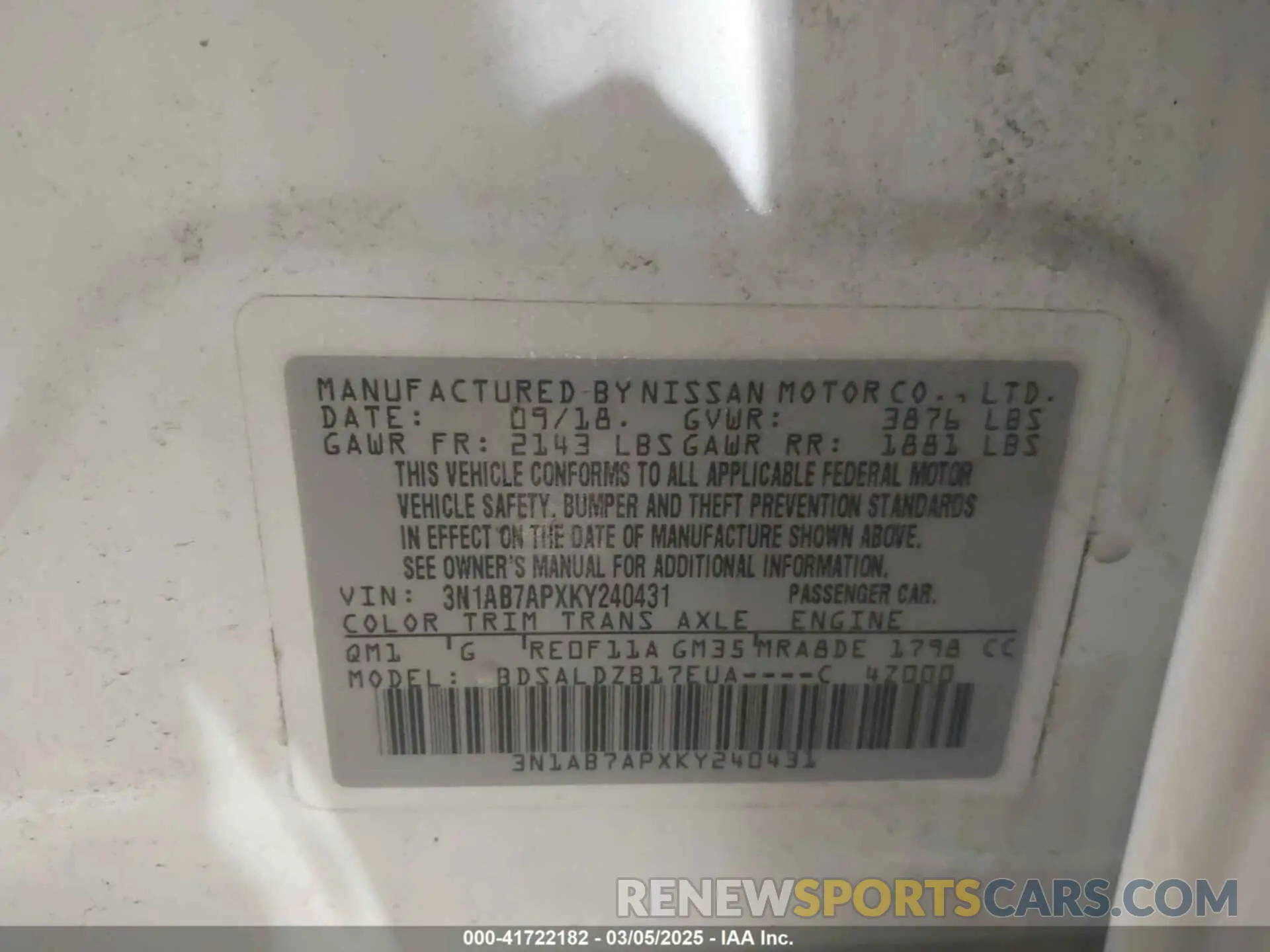 9 fotografías del automóvil dañado 3N1AB7APXKY240431 NISSAN SENTRA 2019