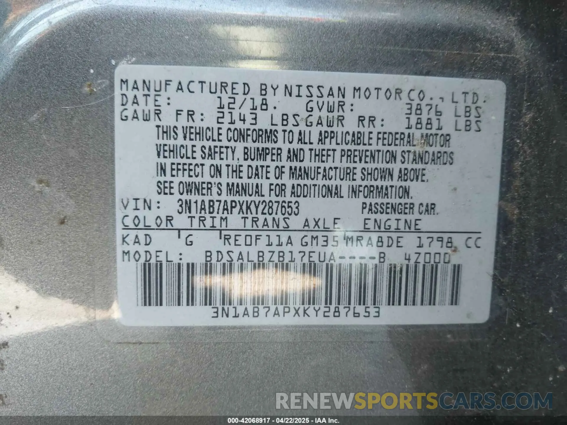 9 fotografías del automóvil dañado 3N1AB7APXKY287653 NISSAN SENTRA 2019