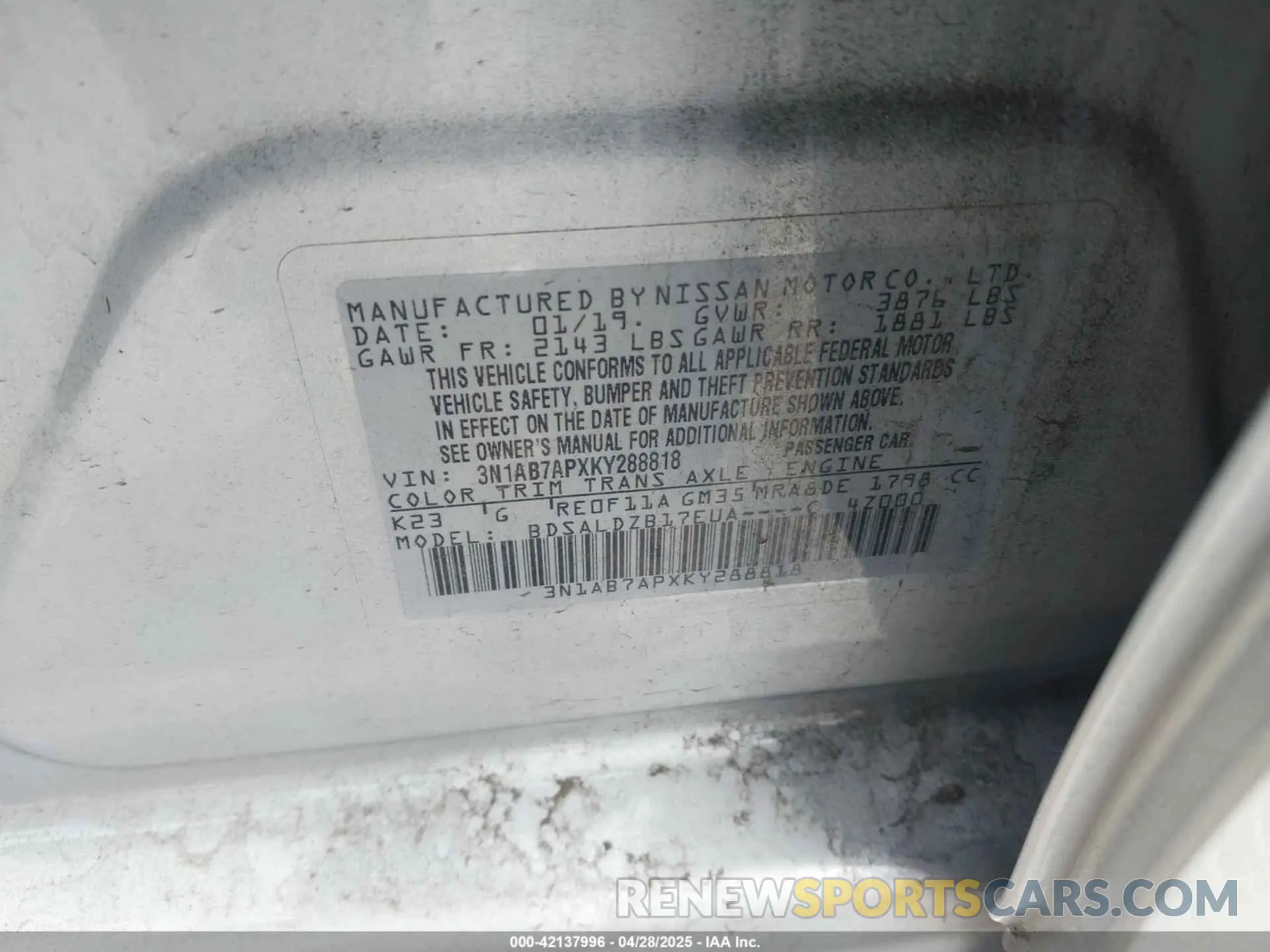 9 fotografías del automóvil dañado 3N1AB7APXKY288818 NISSAN SENTRA 2019