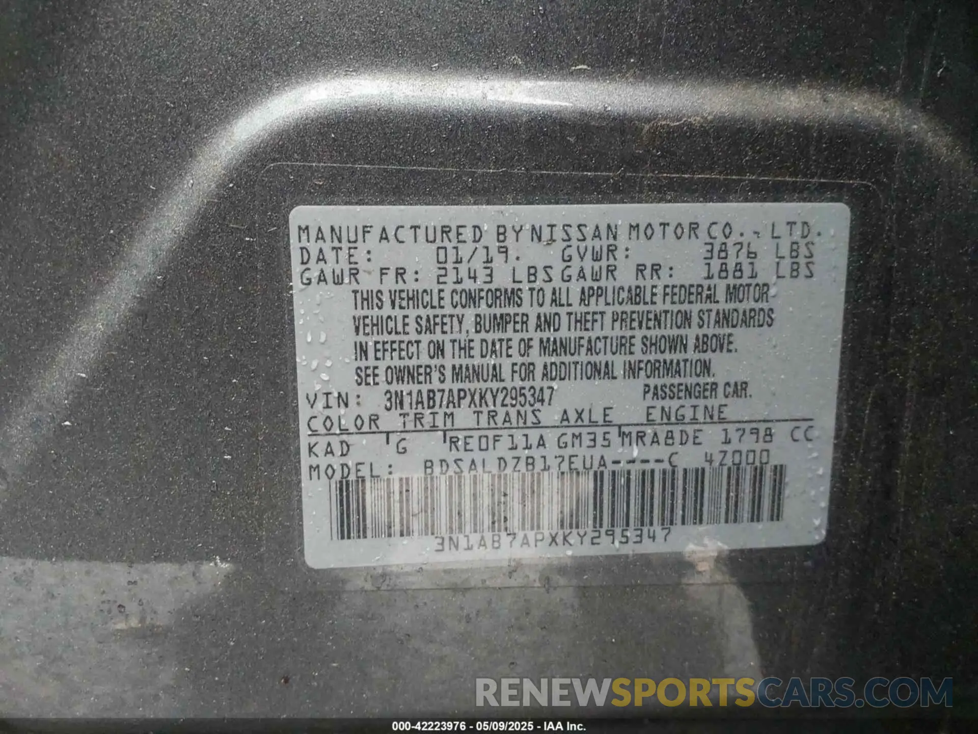 9 fotografías del automóvil dañado 3N1AB7APXKY295347 NISSAN SENTRA 2019