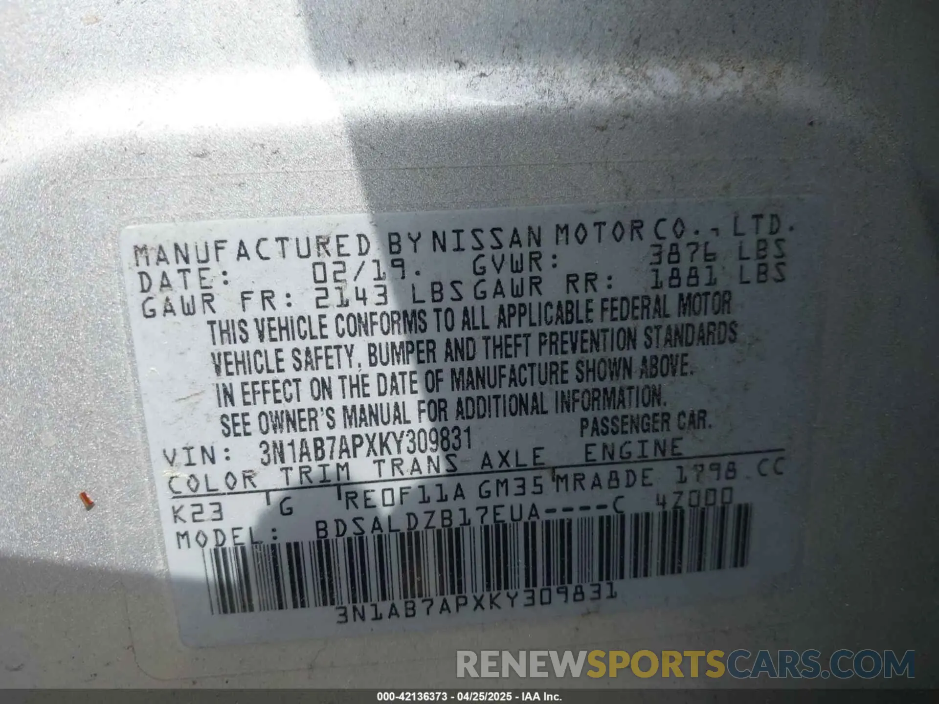9 fotografías del automóvil dañado 3N1AB7APXKY309831 NISSAN SENTRA 2019