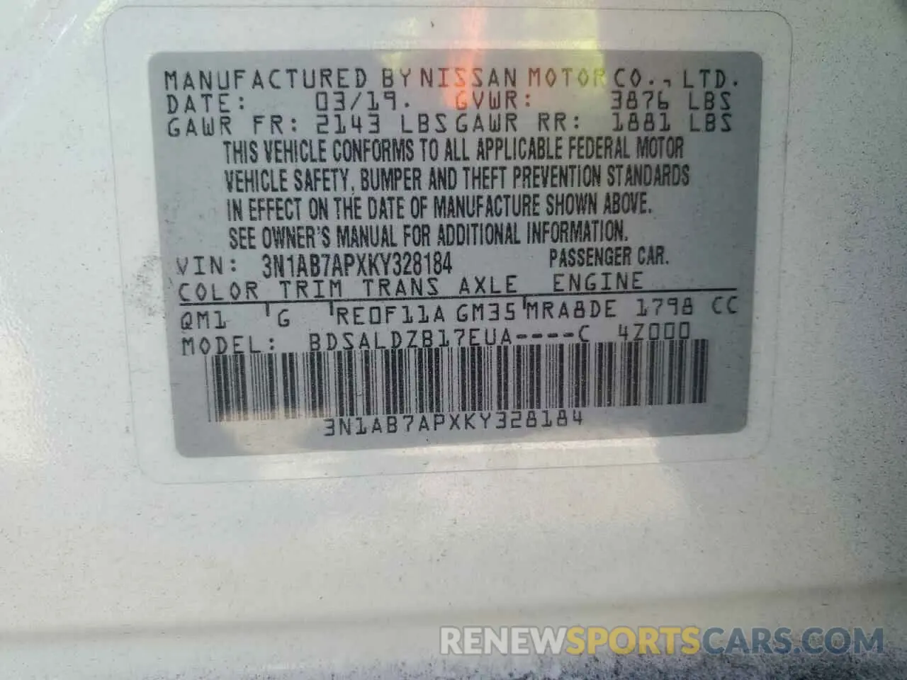 13 fotografías del automóvil dañado 3N1AB7APXKY328184 NISSAN SENTRA 2019
