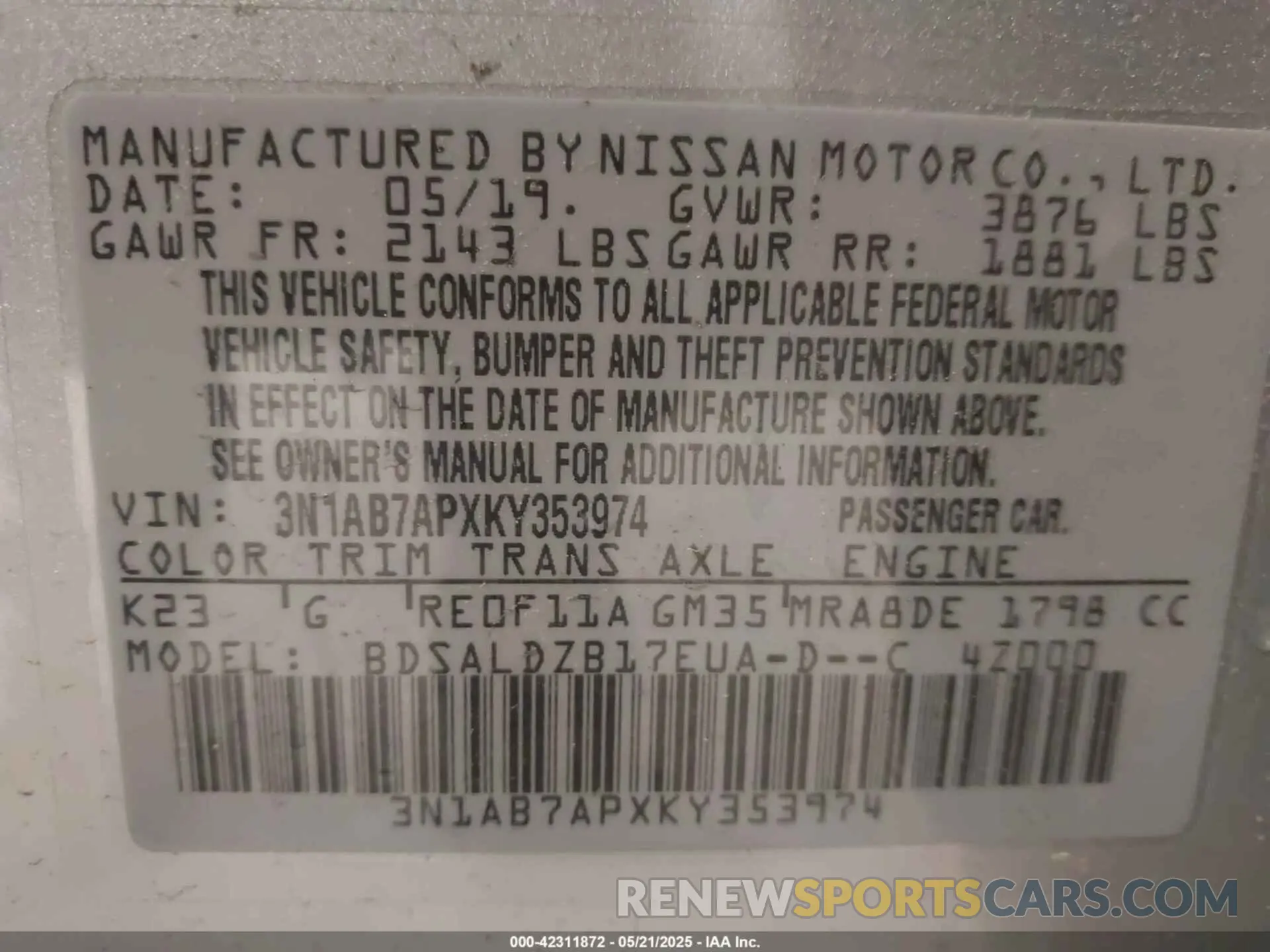 9 fotografías del automóvil dañado 3N1AB7APXKY353974 NISSAN SENTRA 2019
