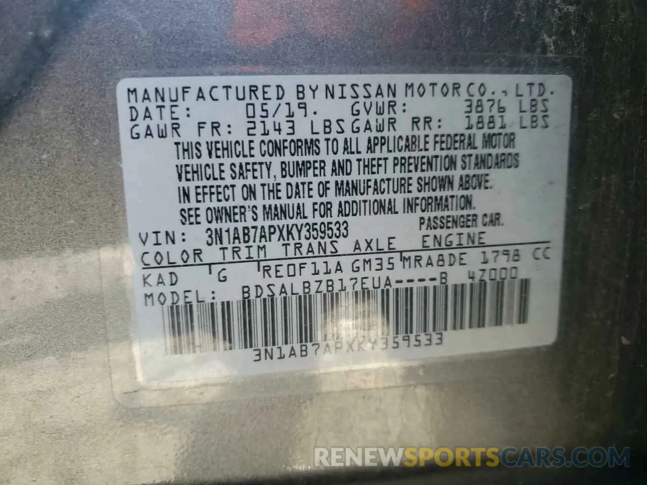 12 fotografías del automóvil dañado 3N1AB7APXKY359533 NISSAN SENTRA 2019