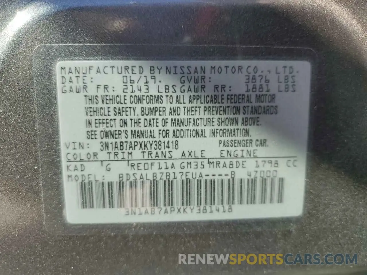 12 fotografías del automóvil dañado 3N1AB7APXKY381418 NISSAN SENTRA 2019