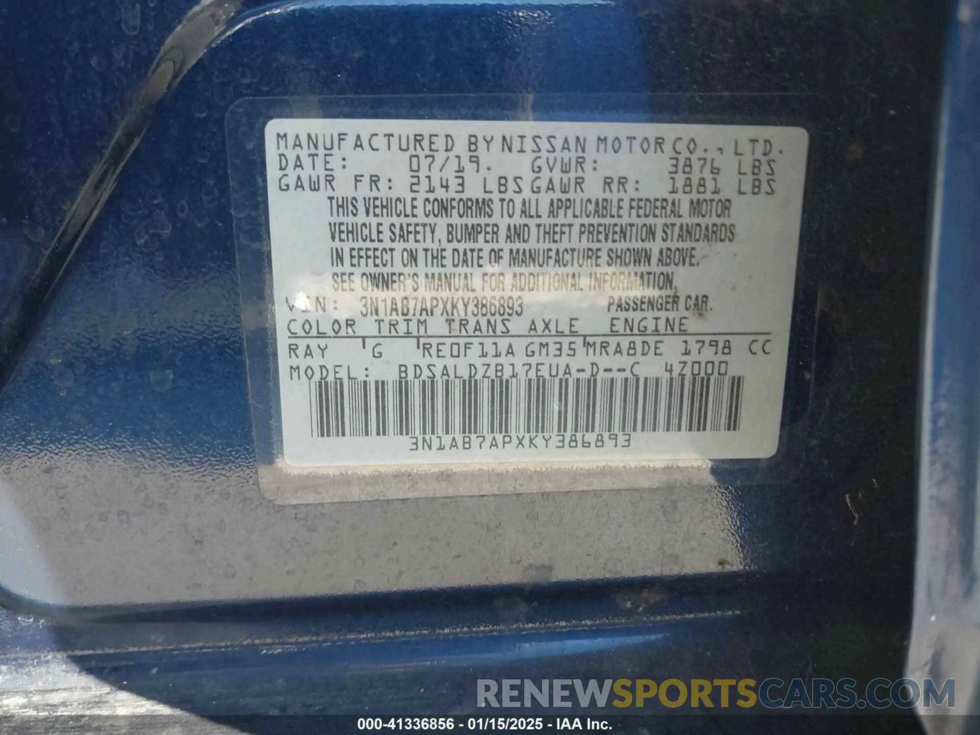 9 fotografías del automóvil dañado 3N1AB7APXKY386893 NISSAN SENTRA 2019