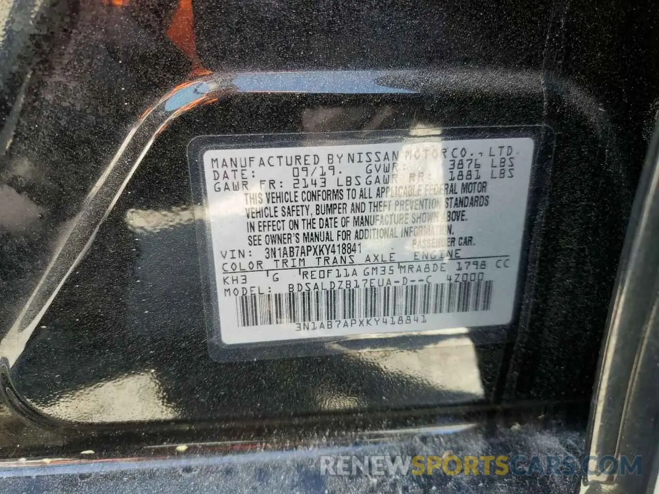 12 fotografías del automóvil dañado 3N1AB7APXKY418841 NISSAN SENTRA 2019